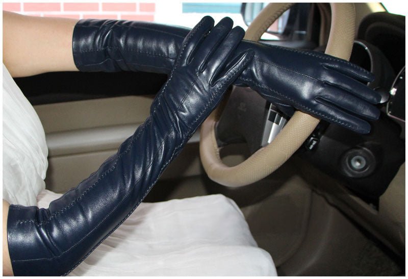 47cm Women's Velvet & Leather Long Gloves – Elegant Sheepskin Winter Warmth - BBB4D7183DA54061920B19A71107A6BA