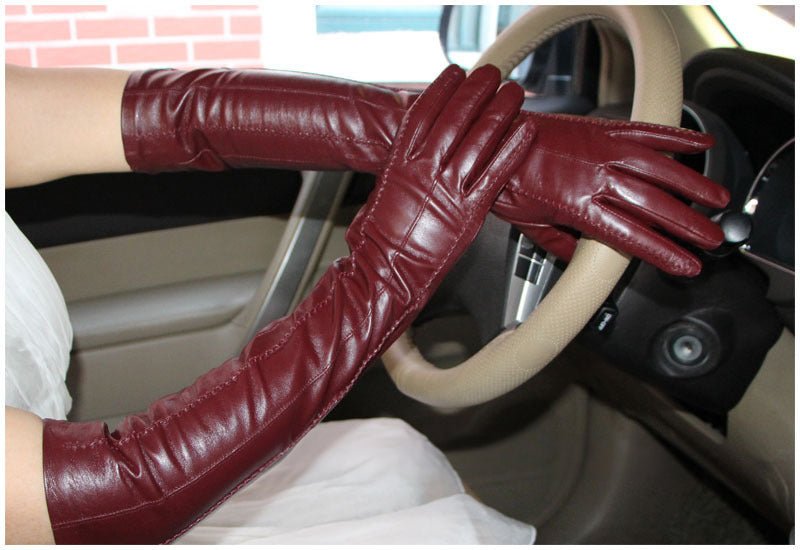 47cm Women's Velvet & Leather Long Gloves – Elegant Sheepskin Winter Warmth - 06359BD20DFD490AA485059B6034B331