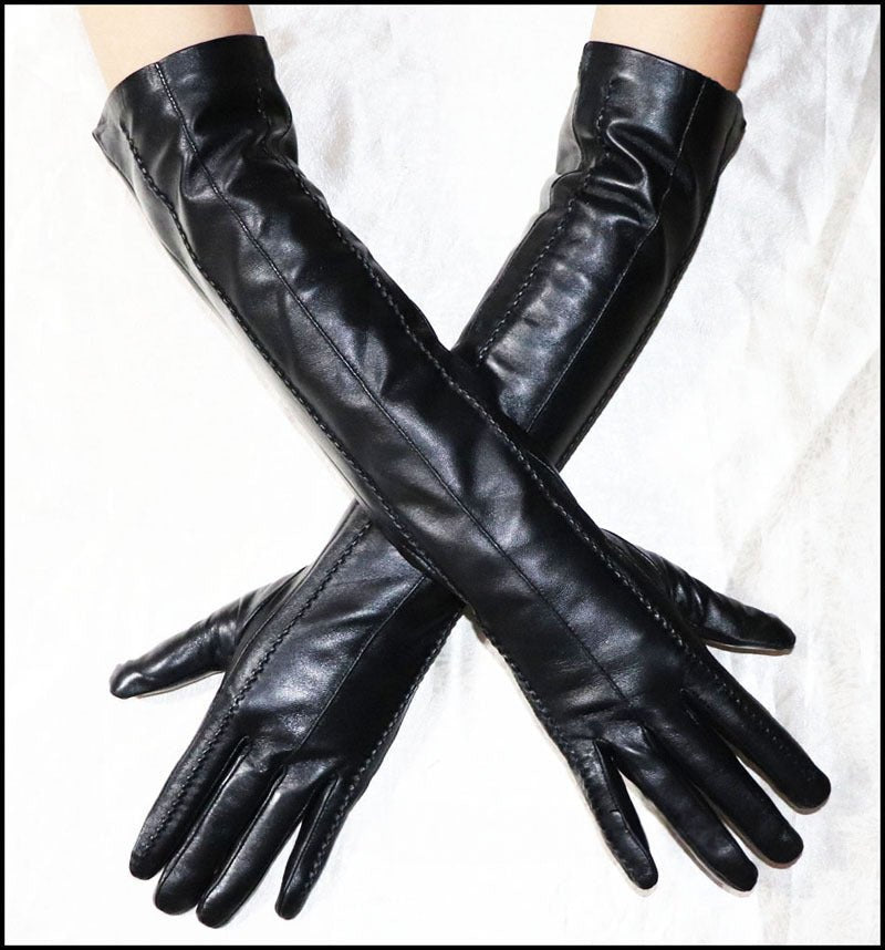 47cm Women's Velvet & Leather Long Gloves – Elegant Sheepskin Winter Warmth - 487EB8262F6541DA9C585D3E4CFFB18B