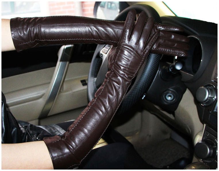 47cm Women's Velvet & Leather Long Gloves – Elegant Sheepskin Winter Warmth - BBB4D7183DA54061920B19A71107A6BA