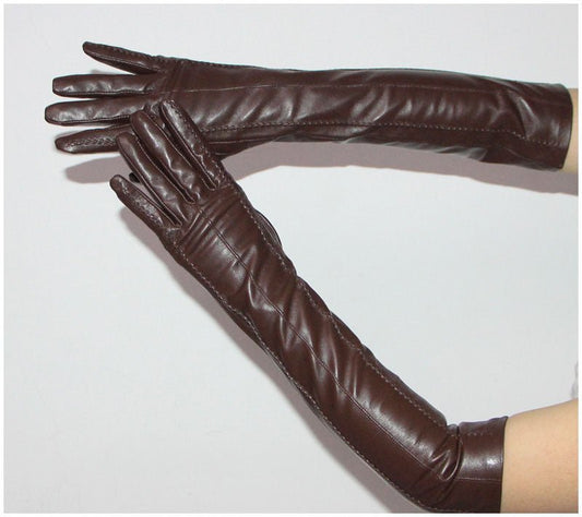 47cm Women's Velvet & Leather Long Gloves – Elegant Sheepskin Winter Warmth - 487EB8262F6541DA9C585D3E4CFFB18B