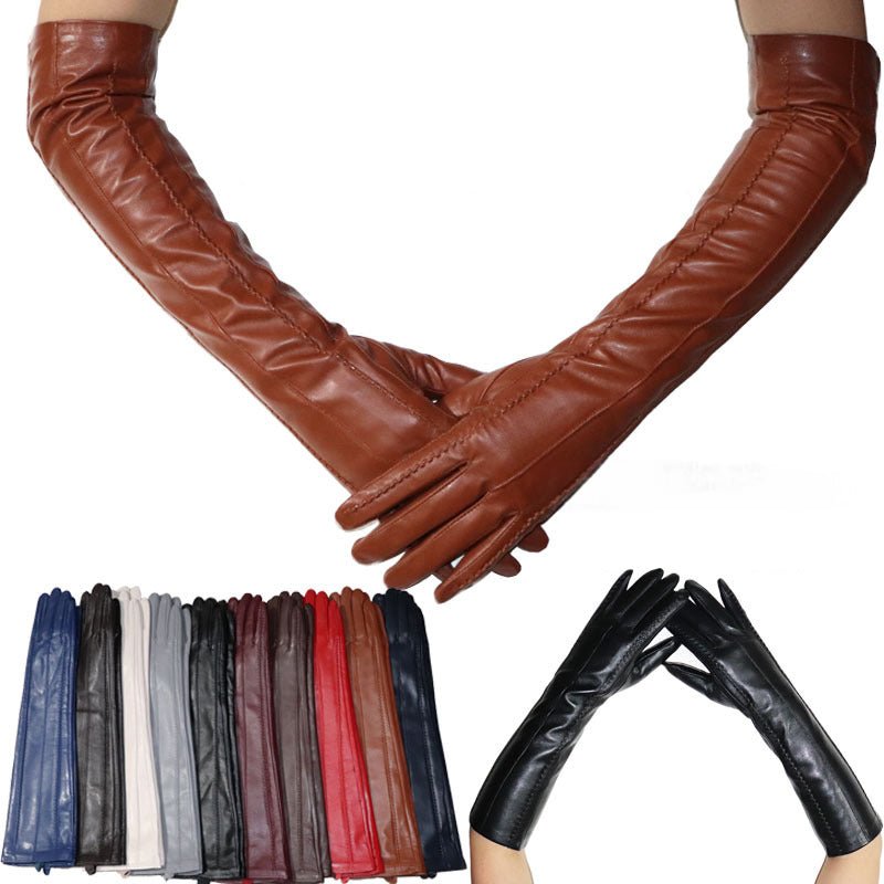 47cm Women's Velvet & Leather Long Gloves – Elegant Sheepskin Winter Warmth - 487EB8262F6541DA9C585D3E4CFFB18B