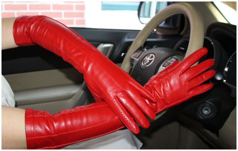 47cm Women's Velvet & Leather Long Gloves – Elegant Sheepskin Winter Warmth - F43338067B3346B3AB59A99C5822CB61