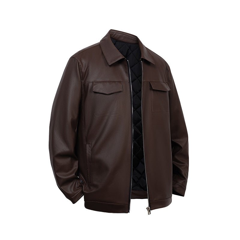 Men’s PU Winter Leather Jacket – Turn - down Collar Motorcycle Leather Jacket - 80B6BC5331A14AE78AF6A0DB7CF1CF4B