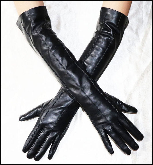 47cm Women's Velvet & Leather Long Gloves – Elegant Sheepskin Winter Warmth - 487EB8262F6541DA9C585D3E4CFFB18B