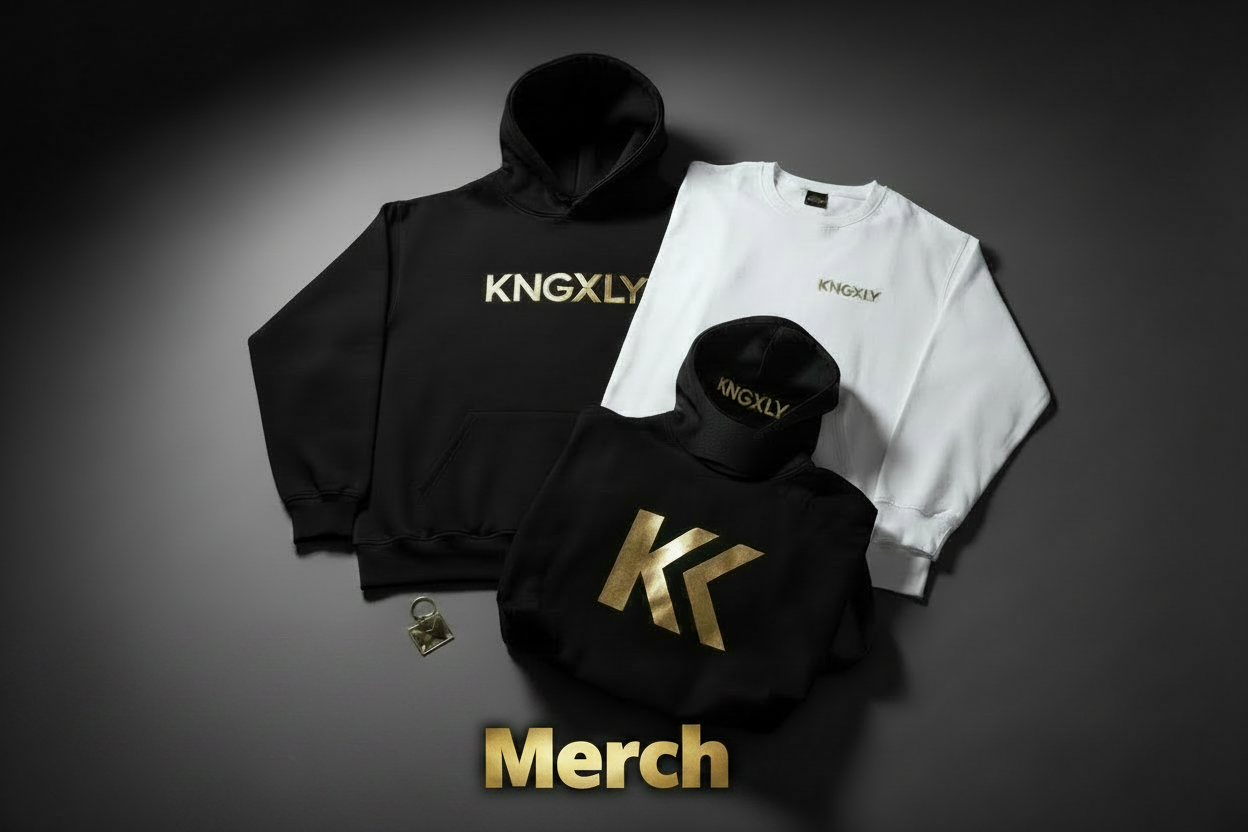 Black and white clothing set with 'KNGXLY' branding on a dark background