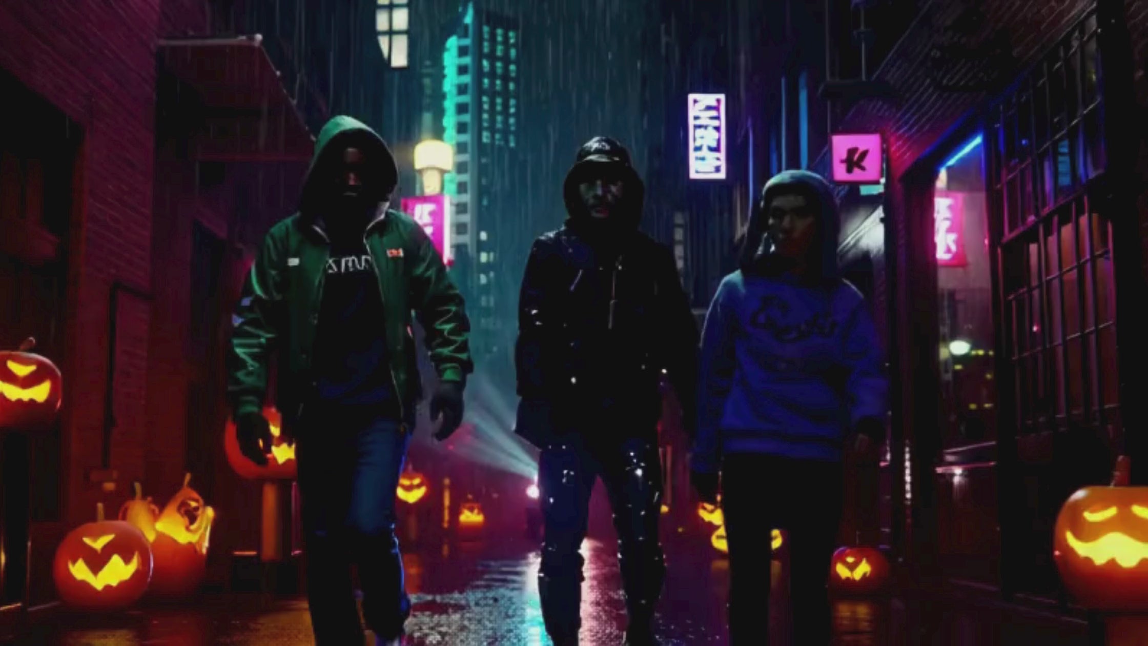 Load video: three kids walking on the streets on halloween night