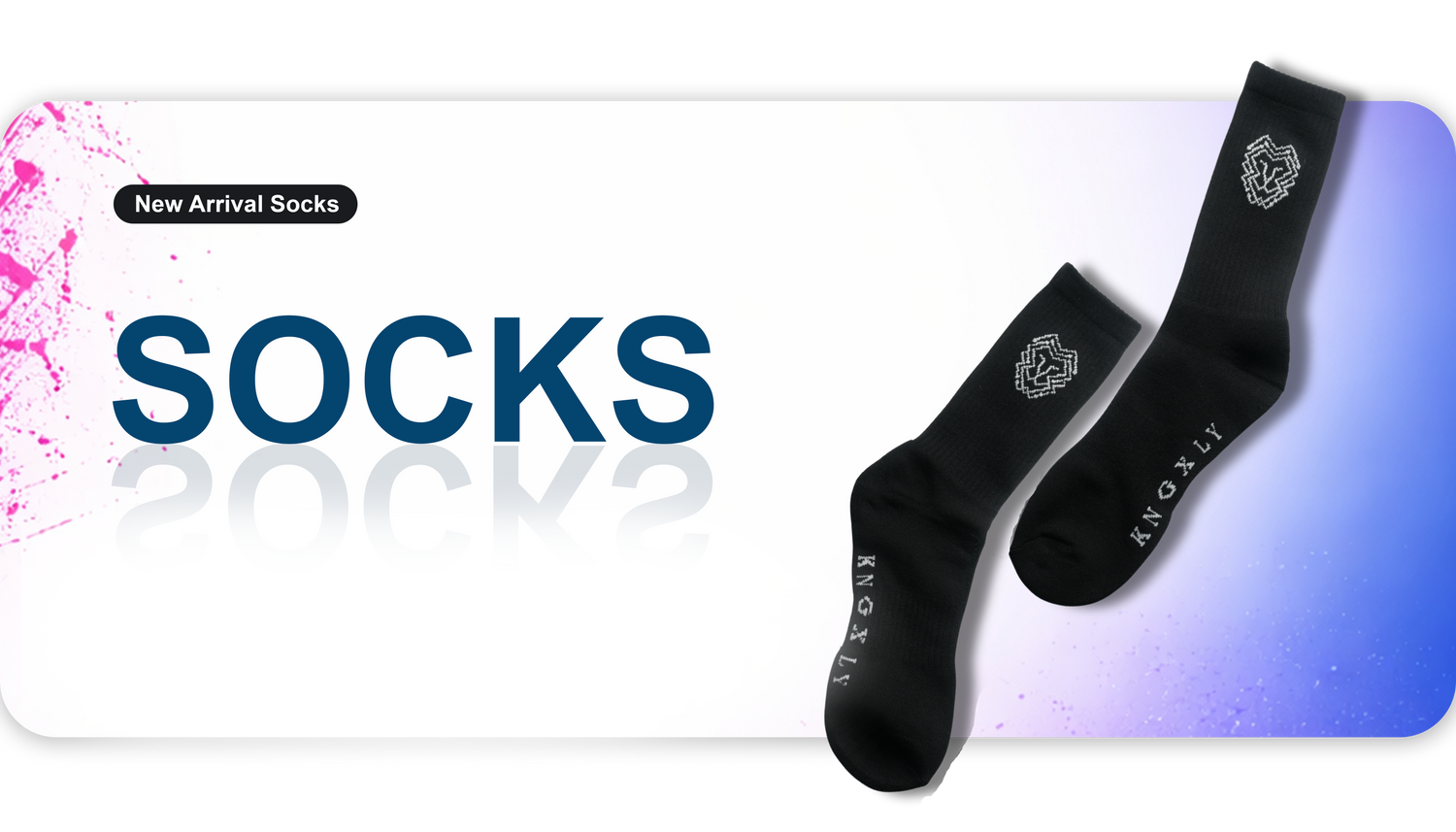 Black socks with branding on a gradient background with 'SOCKS' text.